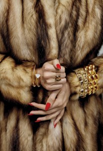 Pologeorgis mink Sienna Fitch fur coat; Briony Raymond Estate Victorian Era yellow gold bracelet; Roberto Coin 18-karat yellow gold and diamond chain; Sig Ward jewelry 14-karat yellow gold, citrine, tiger’s eye and diamond horseshoe ring; Marina B Trisola Bypass Tubogas Bangle in 18-karat yellow gold with 1.04 carats round diamonds photographed in New York, New York on November 19th, 2024.