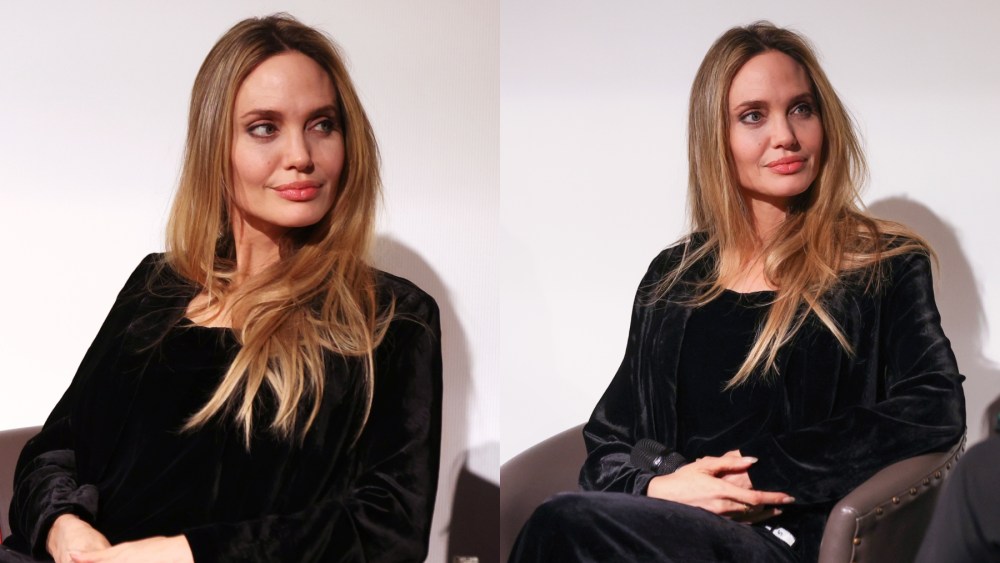 Angelina Jolie speaks at a special screening of "Maria" on Dec. 14 in London, black velvet suit