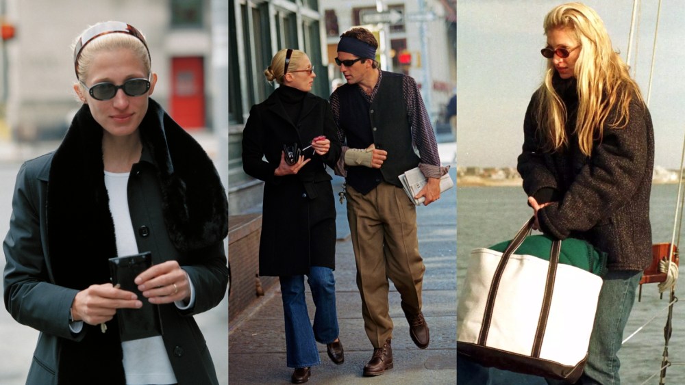 Carolyn Bessette-Kennedy and John F. Kennedy Jr. throughout the 1990s, L.L. Bean tote, headband, Levi's, sunglasses