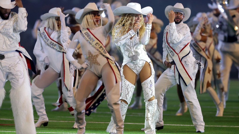 Beyoncé performs during the halftime show for the game between the Baltimore Ravens and the Houston Texans.
