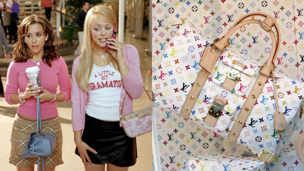 Lacey Chabert and Rachel McAdams in "Mean Girls," a Louis Vuitton x Takashi Murakami Multicolore Keepall, handbags, collaboration, re-edition