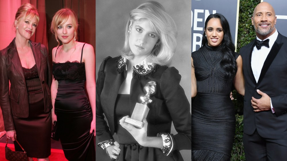 Melanie Griffith and Dakota Johnson, Laura Dern, Simone Garcia-Johnson and Dwayne Johnson, red carpet, Golden Globes, awards