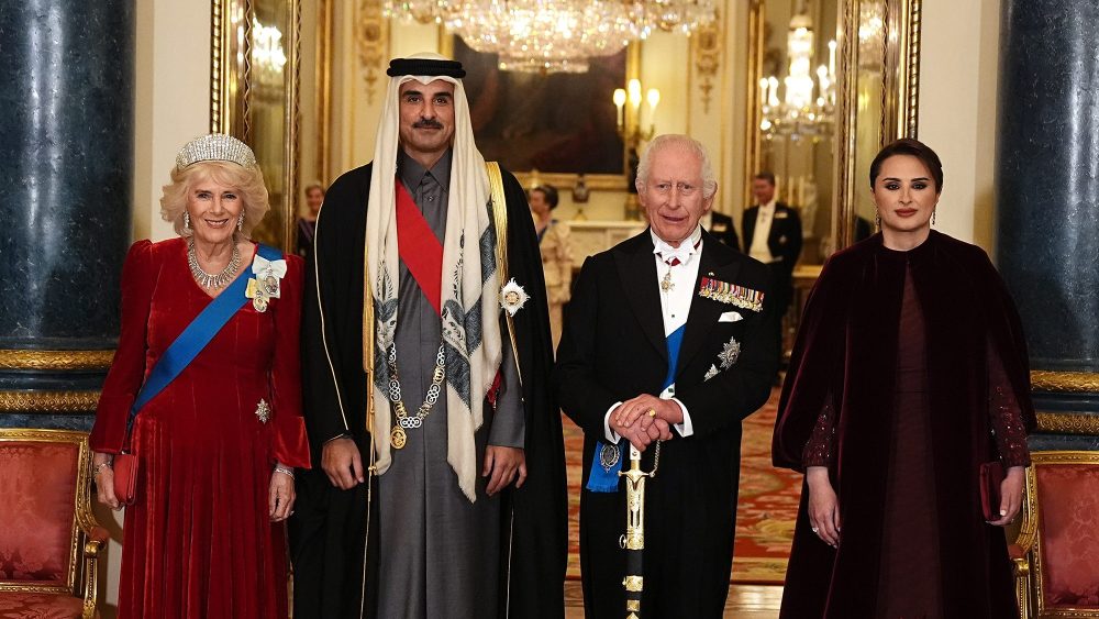 Queen Camilla, King Charles III, Sheikh Tamim bin Hamad Al Thani and Sheikha Jawaher bint Hamad Al Thani at a state banquet at Buckingham Palace on Dec. 3 in London, Jean Paul Gaultier