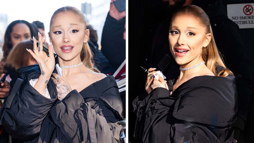 Ariana Grande in a black puffer jacket at CBS Studios in NYC on Dec. 3, 2024.