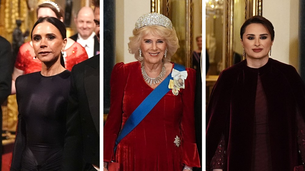 (L-R) Victoria Beckham, Queen Camilla and Sheikha Jawaher bint Hamad bin Suhaim Al Thani at Buckingham Palace during day one of The Amir of the State of Qatar's visit to the United Kingdom on Dec. 3, 2024 in London.