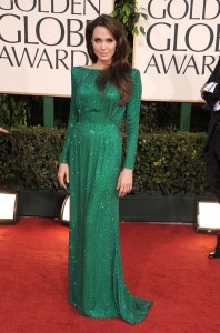 Angelina Jolie in Versace arrives at the 68th Annual Golden Globe Awards held at The Beverly Hilton hotel on January 16, 2011.
