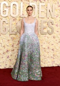 Natalie Portman in Dior Couture attends the 81st Annual Golden Globe Awards at The Beverly Hilton on January 07, 2024.