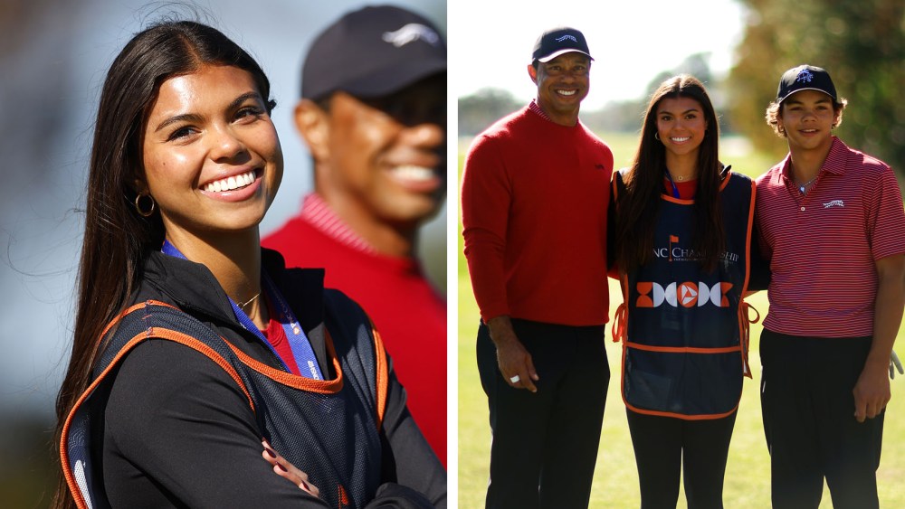 ORLANDO, FLORIDA - DECEMBER 22: Tiger Woods of the United States with his son Charlie Woods and daughter Sam Woods stand on the first tee during the second round of the PNC Championship at Ritz-Carlton Golf Club on December 22, 2024 in Orlando, Florida. (Photo by Mike Ehrmann/Getty Images), sun day red
