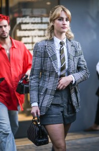 Grace Van Patten is seen wearing a Thom Browne outfit outside the Thom Browne show during New York Fashion Week S/S 22  on September 11, 2021 in New York City.