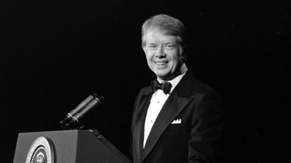 Jimmy Carter speaks onstage during an event at the Century Plaza Hotel in Los Angeles, California, on October 23, 1977.