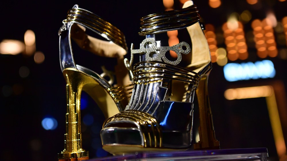 A pair of shoes worth 19.9 million US dollars are seen during the launch presentation at the Dubai Marina on October 11, 2019 in Dubai. - The Moon Star Shoes, of Italian designer Antonio Vietri features 30 carats of diamonds and a small piece of a meteorite discovered in Argentina in 1576. (Photo by GIUSEPPE CACACE / AFP) (Photo by GIUSEPPE CACACE/AFP via Getty Images)
