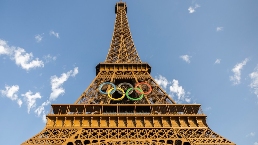 The Olympic rings seen on the Eiffel Tower which overlooks the entire city of Paris on September 12, 2024 in Paris, France.