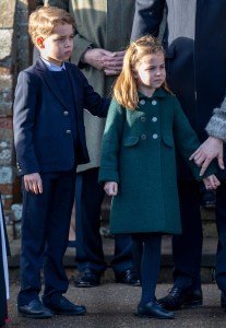 Prince George of Cambridge and Princess Charlotte of Cambridge attend the Christmas Day Church service at Church of St Mary Magdalene on the Sandringham estate on December 25, 2019 in King's Lynn, United Kingdom.