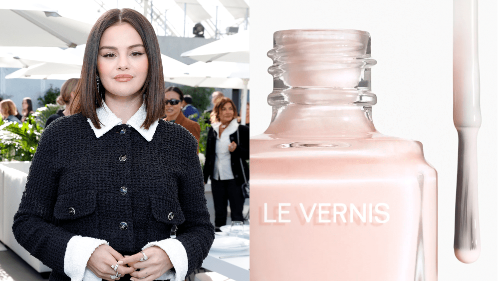 selena gomez photographed at a los angeles event and a close up image of a light pink nail polish