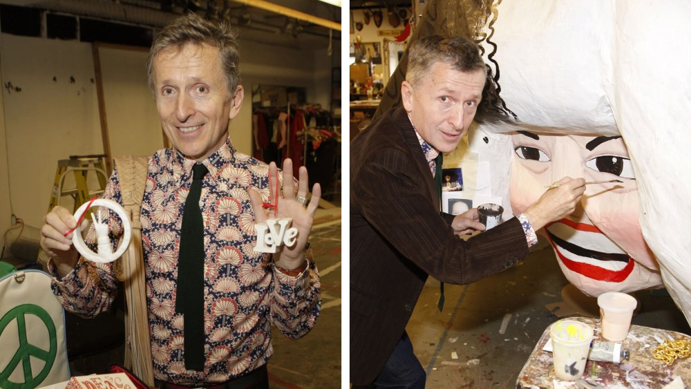 (L-R): Barneys New York creative director Simon Doonan at Barneys production studios with inspiration for his 1960s holiday window display on July 31, 2008; Simon Doonan preps a sculpture for Barneys New York 2009 Christmas window display. 