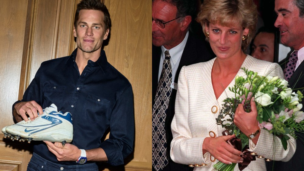 Tom Brady posing for his Sotheby's GOAT Collection auction; Princess Diana with her gold Cartier tank française watch.