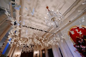 Paper doves adorn the ceiling of the Cross Hall during the 2024 White House Holiday media preview in Washington, DC, on December 2, 2024.
