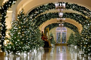 Holiday decorations are seen in the Center Hall during a media preview of the 2024 holiday decorations at the White House  on December 02, 2024 in Washington, DC.