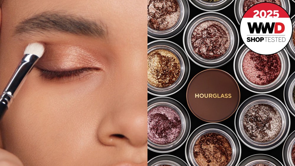 woman wearing glittery eyeshadow; pots of glittery eyeshadow that our editors tested