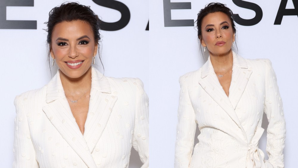 Eva Longoria attends the Elie Saab spring 2025 couture fashion show on Jan. 29, white suit