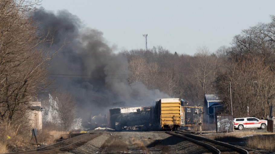 Smoke rises from a derailed cargo train in East Palestine, Ohio, on February 4, 2023 after the 50-car train came off the tracks late near the Ohio-Pennsylvania state border.