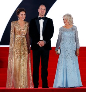 LONDON, UNITED KINGDOM - SEPTEMBER 28: (EMBARGOED FOR PUBLICATION IN UK NEWSPAPERS UNTIL 24 HOURS AFTER CREATE DATE AND TIME) Catherine, Duchess of Cambridge, Prince William, Duke of Cambridge and Camilla, Duchess of Cornwall attend the "No Time To Die" World Premiere at the Royal Albert Hall on September 28, 2021 in London, England. (Photo by Max Mumby/Indigo/Getty Images)