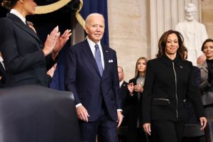 WASHINGTON, DC - JANUARY 20: U.S. President Joe Biden and U.S. Vice President Kamala Harris arrive to the inauguration of U.S. President-elect Donald Trump in the Rotunda of the U.S. Capitol on January 20, 2025 in Washington, DC. Donald Trump takes office for his second term as the 47th president of the United States. (Photo by Chip Somodevilla/Getty Images)