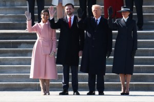 WASHINGTON, DC - JANUARY 20: Second lady Usha Vance, U.S. Vice President J.D. Vance, U.S. President Donald Trump and first lady Melania Trump wave as former U.S. President Joe Biden and former U.S. Vice President Kamala Harris depart the U.S. Capitol on January 20, 2025 in Washington, DC. Donald Trump takes office for his second term as the 47th president of the United States. (Photo by Joe Raedle/Getty Images)