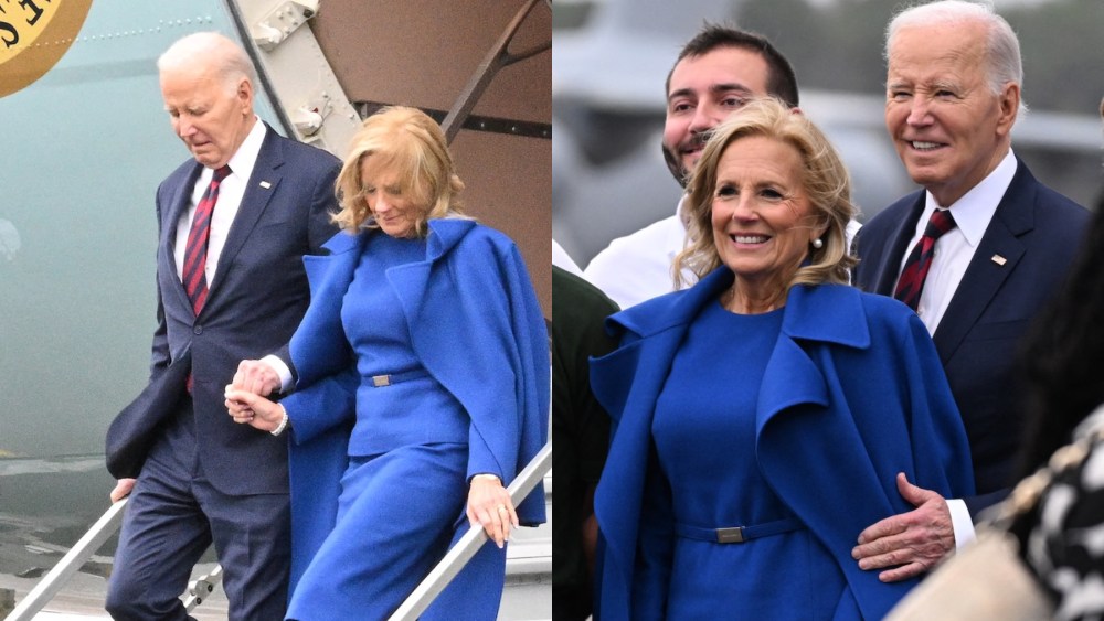 US President Joe Biden and First Lady Jill Biden pose with members of AmeriCorps on arrival at Joint Base Charleston in North Charleston, South Carolina, on January 19, 2025.