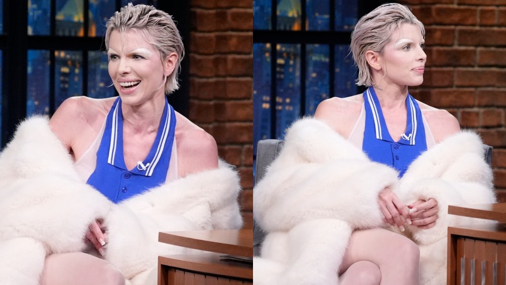 Julia Fox david bowie look, ice skates on "Late Night with Seth Meyers" on Jan 21, Dsquared2