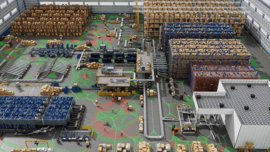 An Omniverse mockup of a warehouse, powered by Nvidia Mega.