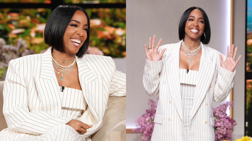 Kelly Rowland on "The Jennifer Hudson Show" airing Jan. 30, Helsa, pinstripes, blazer, strapless dress