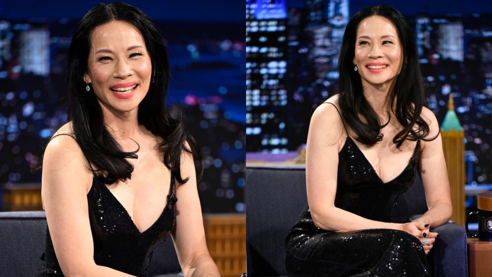 Lucy Liu on "The Tonight Show Starring Jimmy Fallon" on Jan. 22, sequin dress, Aupen, Roger Vivier