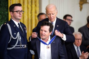 WASHINGTON, DC - JANUARY 4: Actor Michael J. Fox is awarded the Presidential Medal of Freedom by President Joe Biden in the East Room of the White House on January 4, 2025 in Washington, DC. (Photo by Tom Brenner/Getty Images)