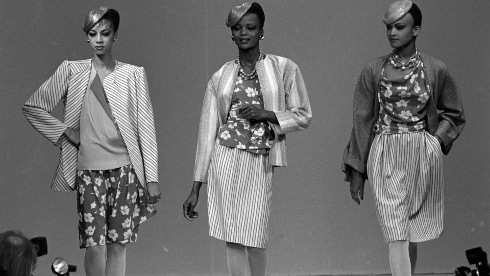 Sandi Bass, Rebecca Ayoko and Melissa Doucoure on the runway at Emanuel Ungaro Spring 1983 ready to wear fashion show. 