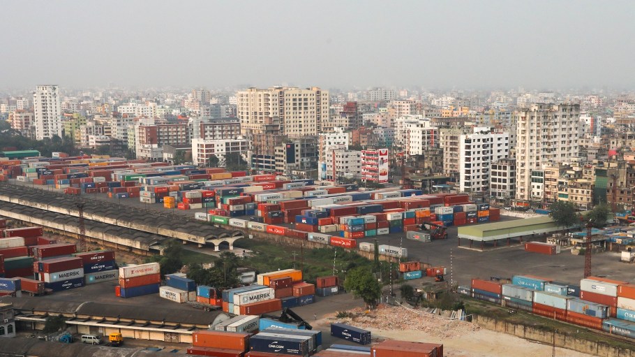 Containers are seen into an Inland Container Depot (ICD) in Dhaka, Bangladesh on February 26, 2022.