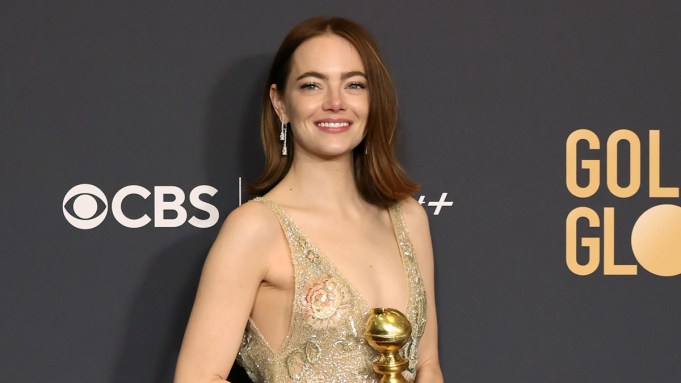 BEVERLY HILLS, CALIFORNIA - JANUARY 07: Emma Stone, winner of the Best Performance by an Actress in a Motion Picture, Musical or Comedy award for "Poor Things" poses in the press room during the 81st Annual Golden Globe Awards at The Beverly Hilton on January 07, 2024 in Beverly Hills, California. (Photo by Amy Sussman/Getty Images)