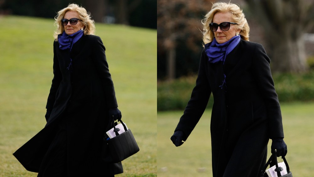 Jill Biden, black coat, blue scarf, White House, President Joe Biden