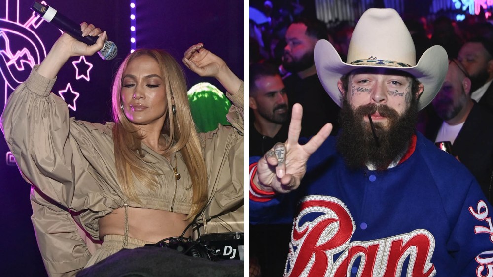 (L-R) Jennifer Lopez performs during Casamigos at TAO Park City on January 25, 2025 in Park City, Utah, post malone