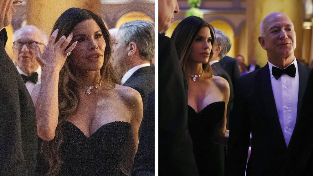 SpaceX and Tesla CEO Elon Musk (L), Lauren Sanchez wears dolce and gabbana dress (2L) and Amazon Founder and CEO Jeff Bezos (2R) talk before US President-elect Donald Trump speaks at a candlelight dinner at the National Building Museum in Washington, DC, on January 19, 2025, a day before his inauguration ceremony.