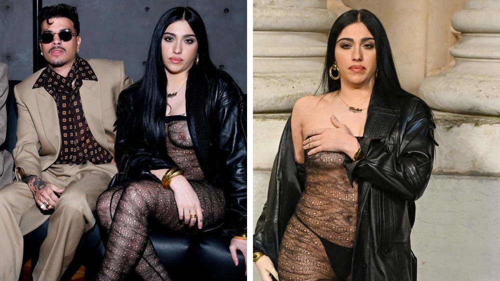 madonna's daughter wears sheer and see-through saint laurent outfit fashion trends,  Iris Law, Rauw Alejandro, Lourdes Leon at the Saint Laurent Men's Fall 2025 Ready-to-Wear Collection fashion show on January 28, 2025 in Paris, France.