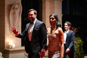 PALM BEACH, FLORIDA - DECEMBER 31:  U.S. Vice President-elect JD Vance and Usha Chillukiri Vance arrive on New Year's Eve at  Mar-A-Lago club on December 31, 2024 in Palm Beach, Florida. President-elect Trump continues to fill posts in his upcoming administration ahead of his January 20 inauguration. (Photo by Eva Marie Uzcategui/Getty Images)