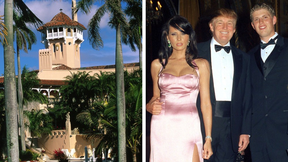 (L-R): Mar-a-Lago in 1999 and in 2002, (L-R): Melania Knauss, Donald Trump, Trump's son, Eric, and the latter's girlfriend (and future wife) Lara, as they pose together during a New Year's Eve party at the Mar-a-Lago estate, Palm Beach, Fla., Dec. 31, 2002.