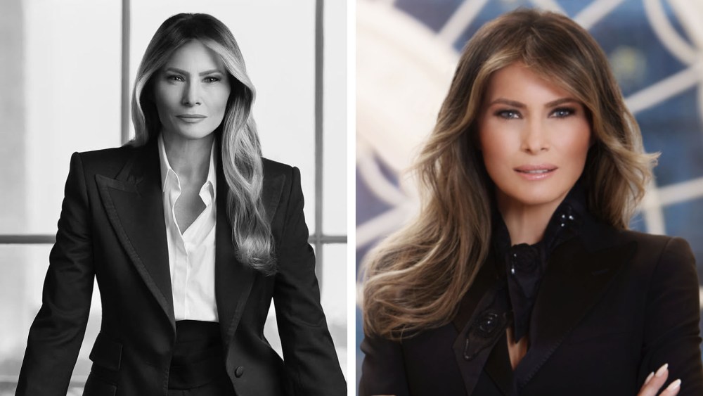 Melania Trump official White House portrait in 2025 and 2017, Melania Trump Wears Menswear-inspired Dolce & Gabbana Suit for Official White House Portrait