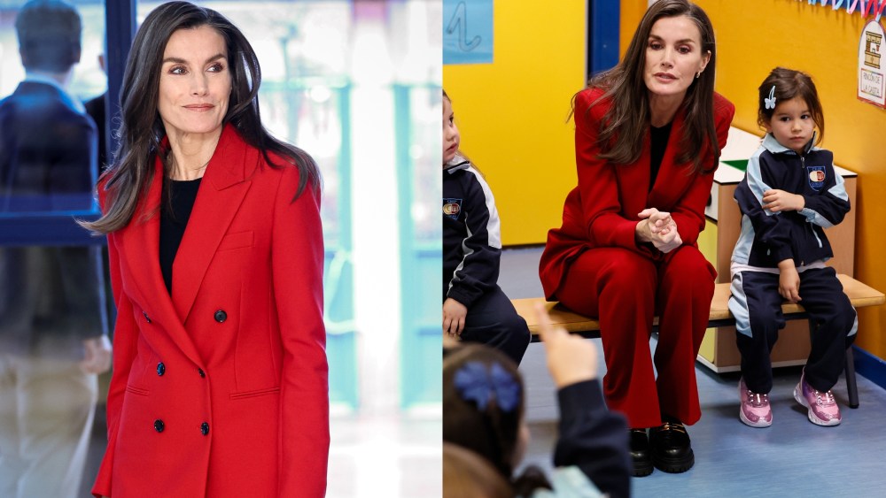 Queen Letizia of Spain, Madrid, Cortes de Cádiz school, red suit