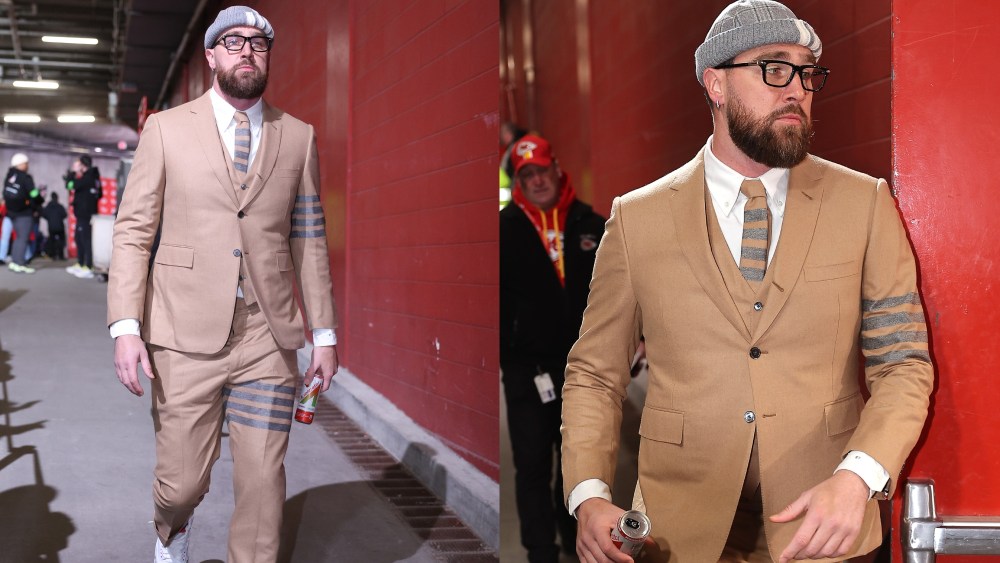 Travis Kelce wears Thom Browne, Kansas City Chiefs, Buffalo Bills, AFC Championship Game pregame outfit