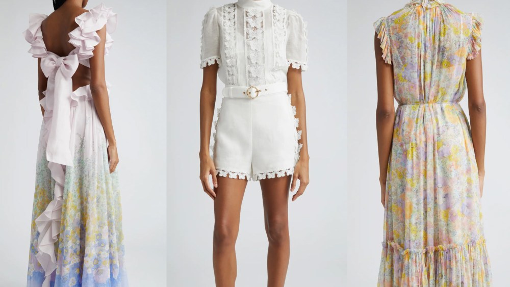 Three Zimmermann outfits side by side, including a floral gown and a matching lace top and short set