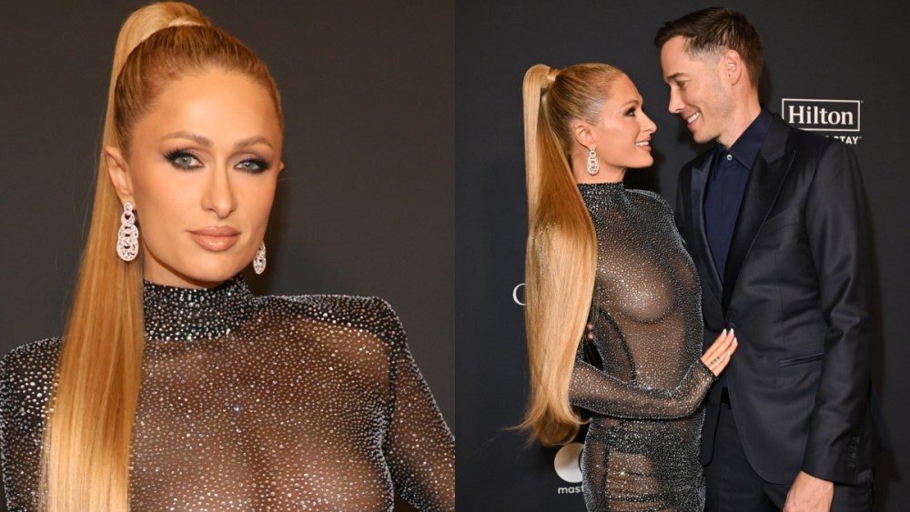 Paris Hilton sheer dress and Carter Reum attend the 67th GRAMMY Awards Pre-GRAMMY Gala & GRAMMY Salute to Industry Icons Honoring Jody Gerson on February 01, 2025 in Los Angeles, California.