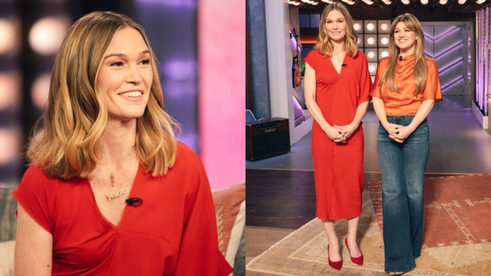 Julia Stiles and Kelly Clarkson on the set of "The Kelly Clarkson" show.