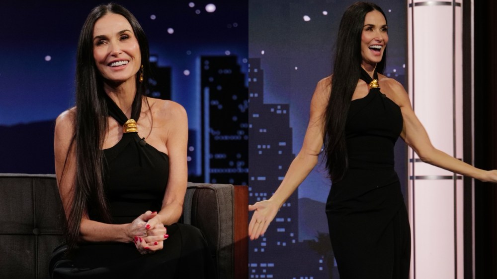 Demi Moore on “Jimmy Kimmel Live!” on Feb. 4, Schiaparelli, halter dress